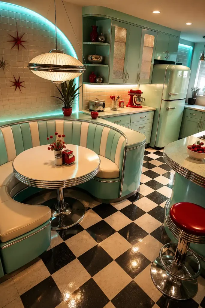 retro diner kitchen inspiration for a Bloxburg build, showing a curved built-in booth tucked into one corner.