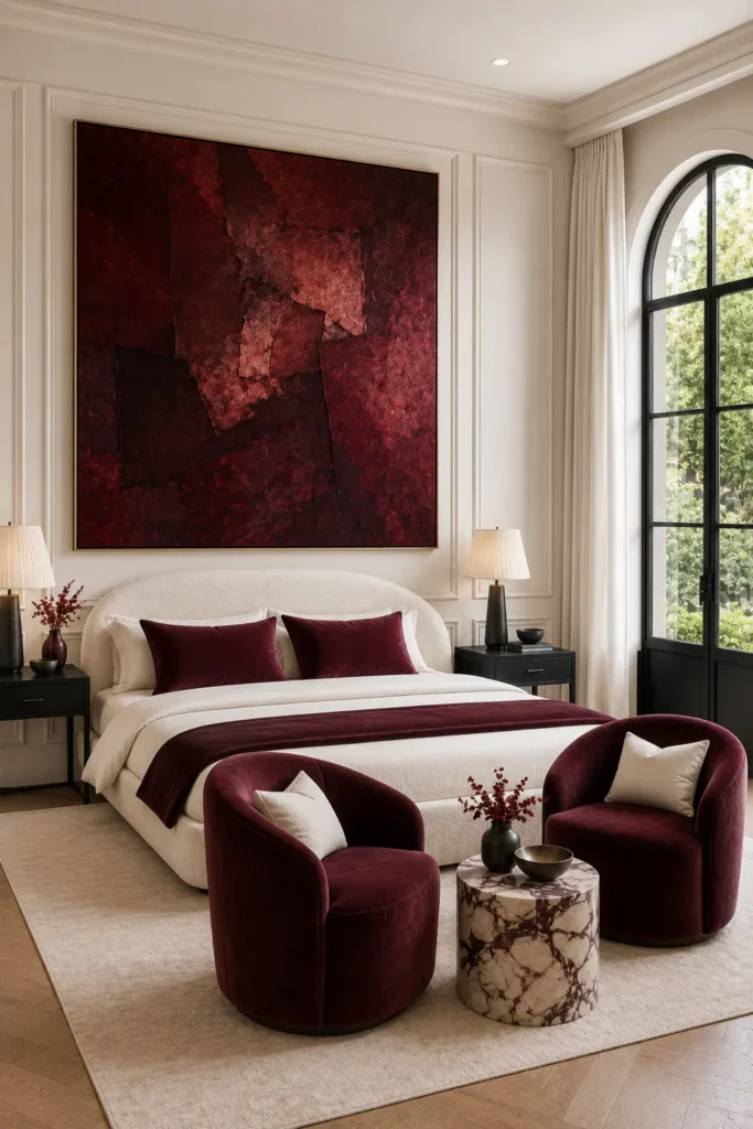 bedroom with elegant warm-white panelled walls, one oversized textured artwork in layered wine.