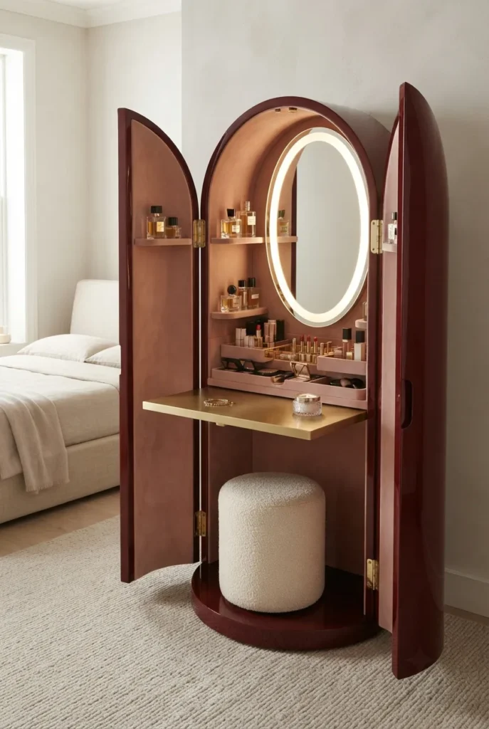 bedroom dressing corner featuring a lacquered vanity capsule, tall oval clamshell cabinet in glossy oxblood lacquer.