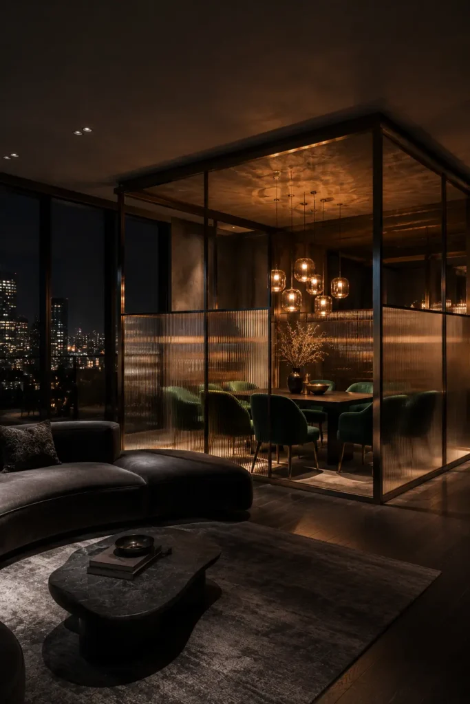 apartment with a glowing glass-lantern dining enclosure positioned inside an open living room.