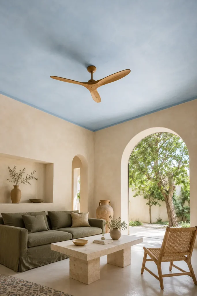 Sky-Blue Ceiling and Warm Sand Walls for Living room paint.