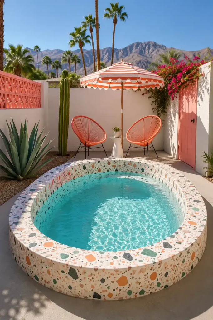  small Palm Springs-inspired backyard with a compact oval plunge pool finished in bright white terrazzo.