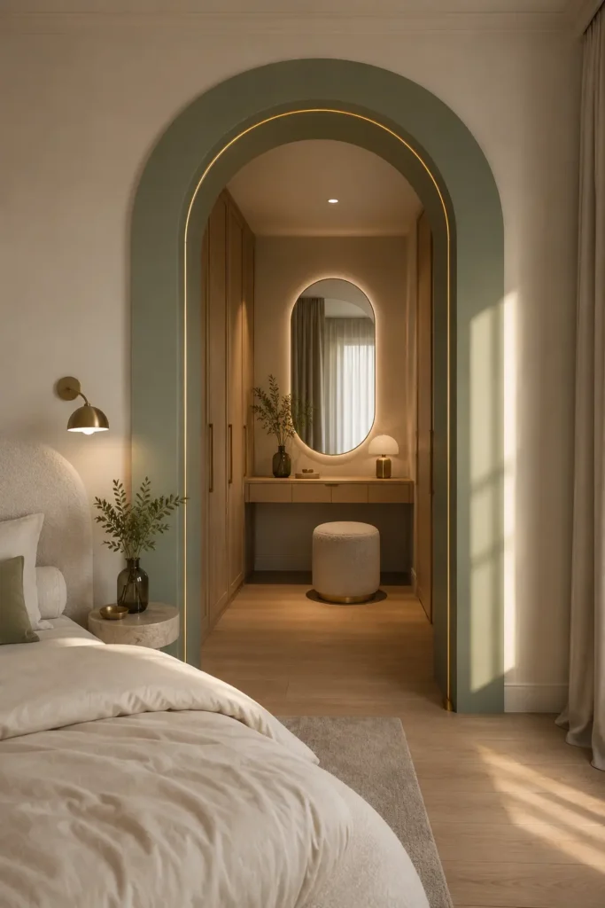 stylish bedroom with a monumental sage-green dressing portal.