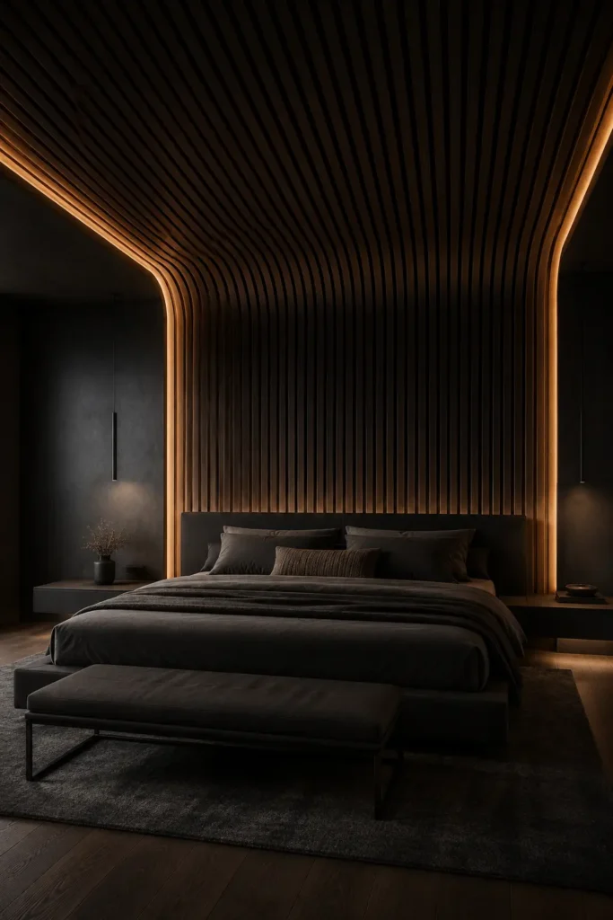  modern black bedroom where a continuous black timber slatted structure begins on the ceiling and flows down behind the bed like a cocoon.