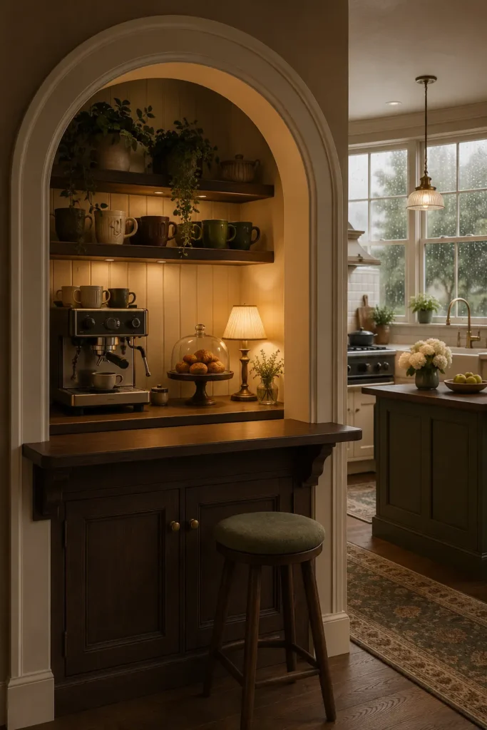 cozy café-inspired kitchen for a Bloxburg build, with a separate coffee bar set beneath a large arched service-window.