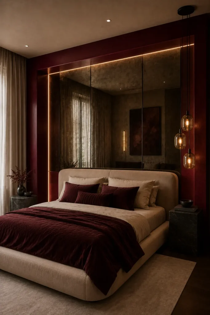 modern bedroom featuring a smoked-mirror headboard composition framed in burgundy lacquer.