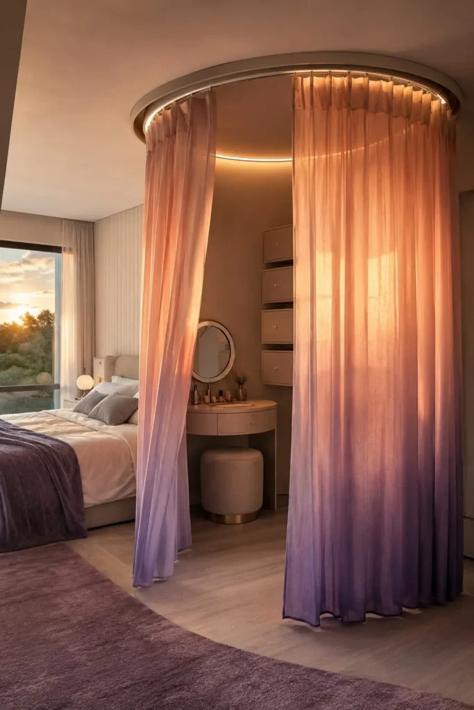  small modern bedroom featuring a ceiling-mounted circular dressing curtain,  translucent ombré fabric shifting from soft peach to lavender around a compact round vanity.