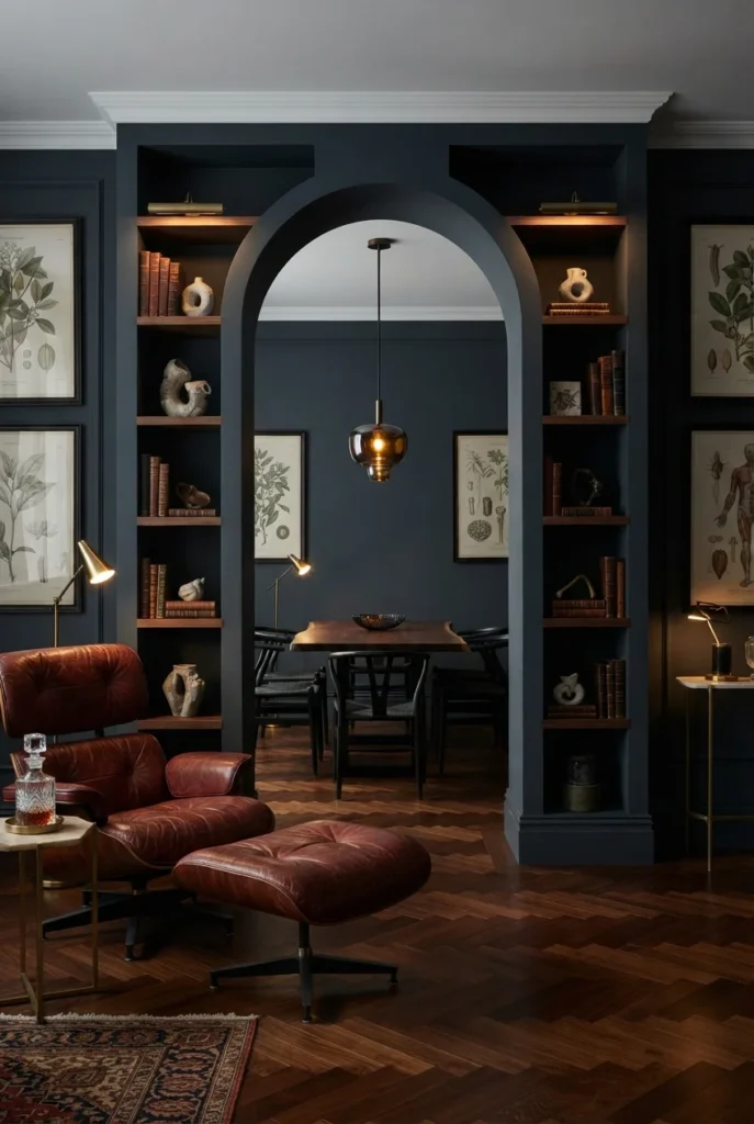 open living and dining room divided by a freestanding double-faced library arch.