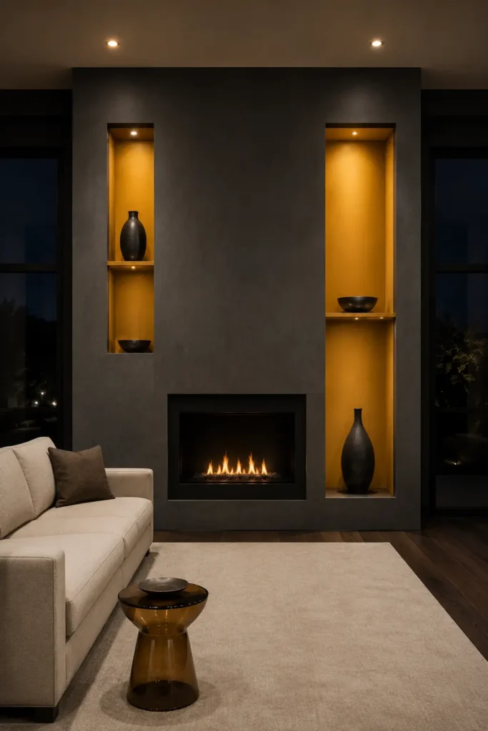 living room featuring a floor-to-ceiling graphite-grey fireplace structure with two deep asymmetrical shelving niches painted saturated saffron yellow inside.