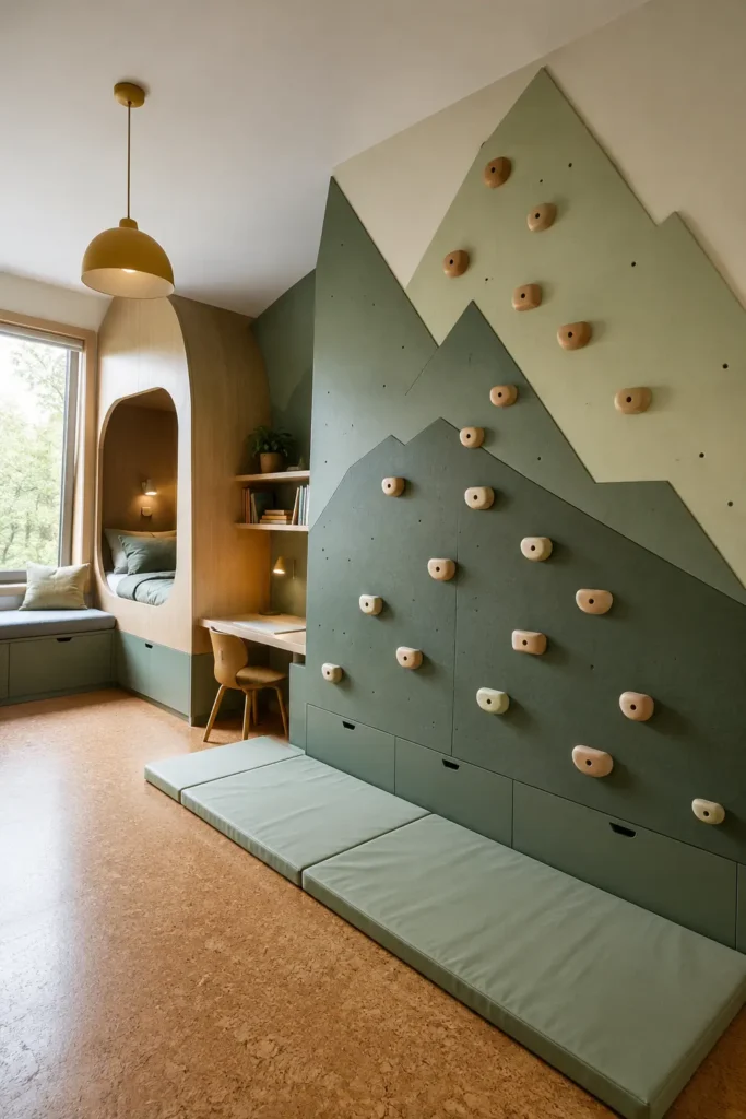 boys’ sage-green bedroom featuring a sculptural climbing wall.