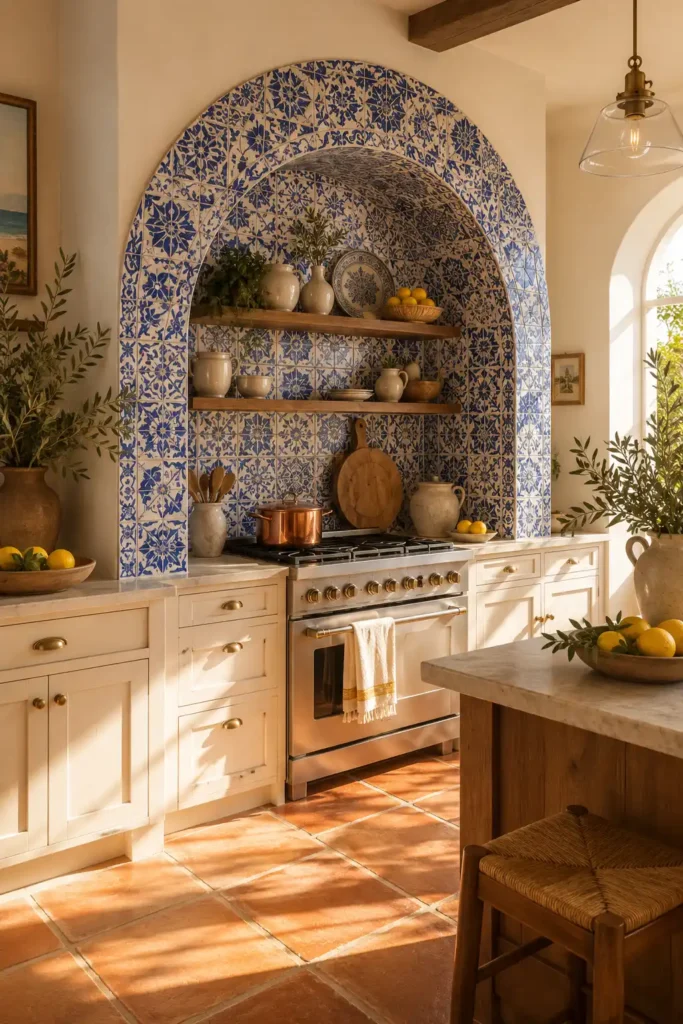 Mediterranean Kitchen With a Lemon-Tile Arch.