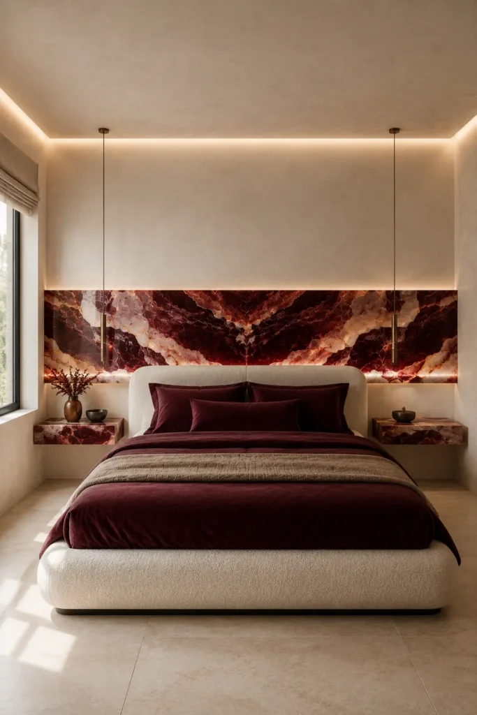  bedroom featuring a continuous burgundy onyx ribbon.