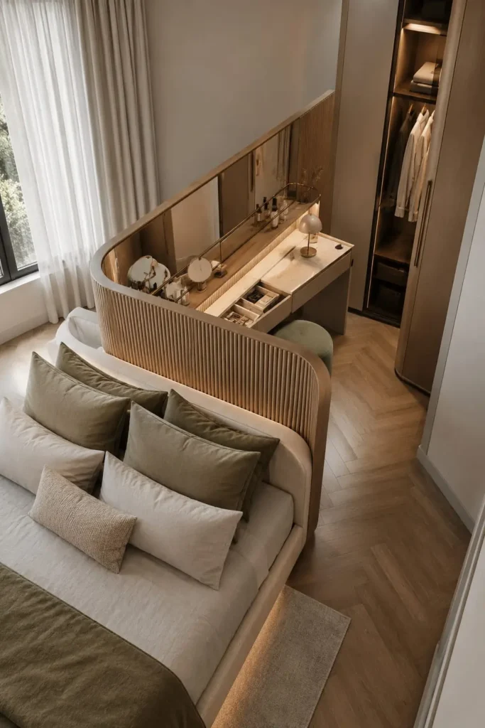 compact bedroom featuring a freestanding sculptural headboard that conceals a dressing station behind it.