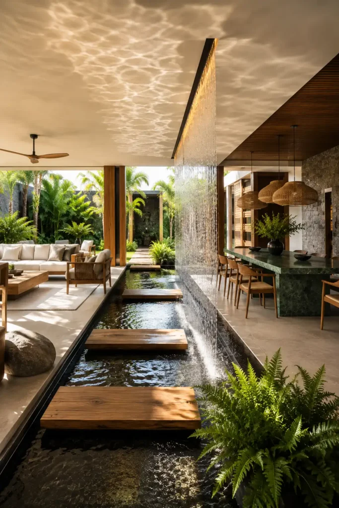 open living and dining pavilion featuring a narrow indoor water-veil divider .