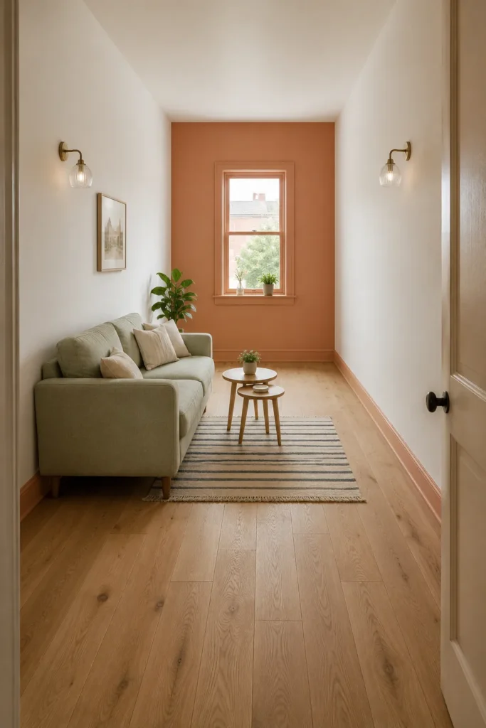 two long living room side walls painted soft warm white and the distant end wall completely painted a sophisticated muted peach.
