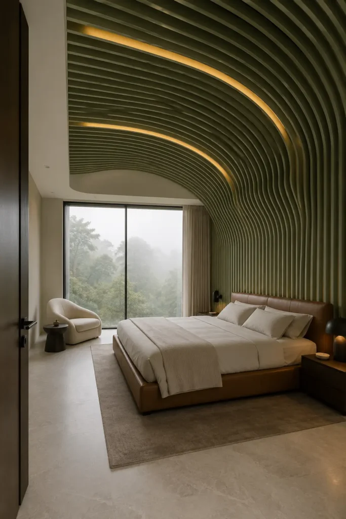 modern bedroom beneath a flowing sage-green slatted ceiling wave.