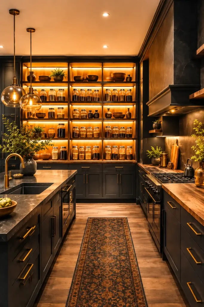 Black Kitchen inspiration for a Bloxburg build With an Amber Backlit Pantry Wall.