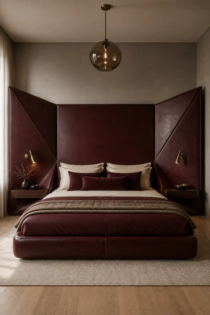  bedroom image featuring a sculptural burgundy leather envelope bed,  with an oversized headboard upholstered in deep oxblood saddle leather, central flat panel behind the bed.