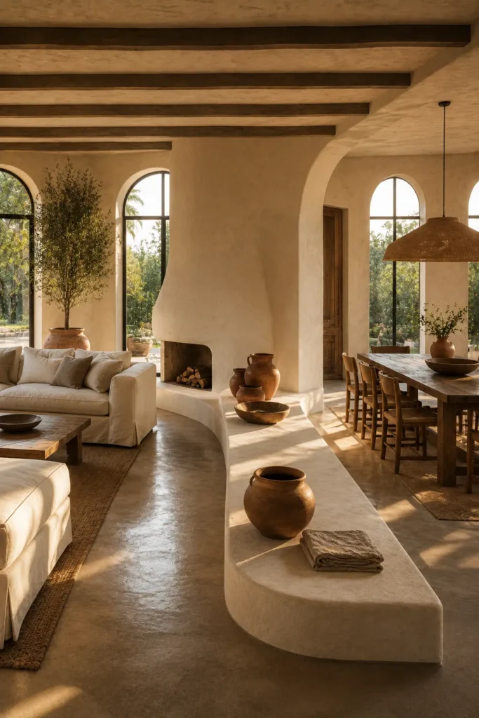 open living and dining room featuring a long sculptural plaster fireplace promenade bench stretching between both zones.