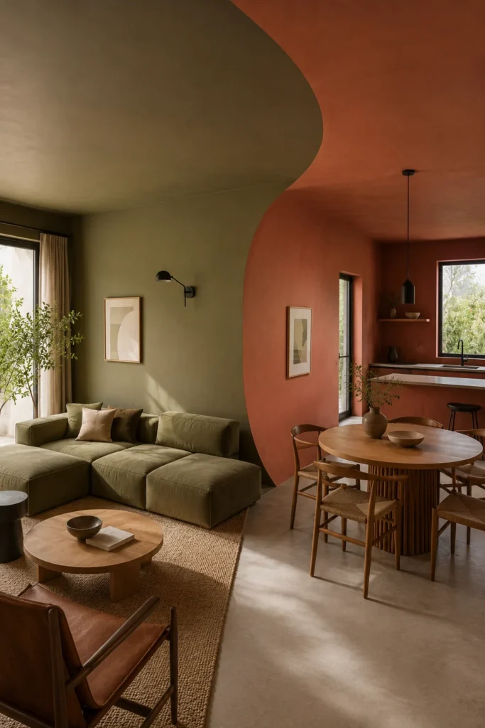  open-plan apartment interior viewed diagonally across two connected zones, living room walls painted earthy olive, dining and compact kitchen walls painted muted terracotta.