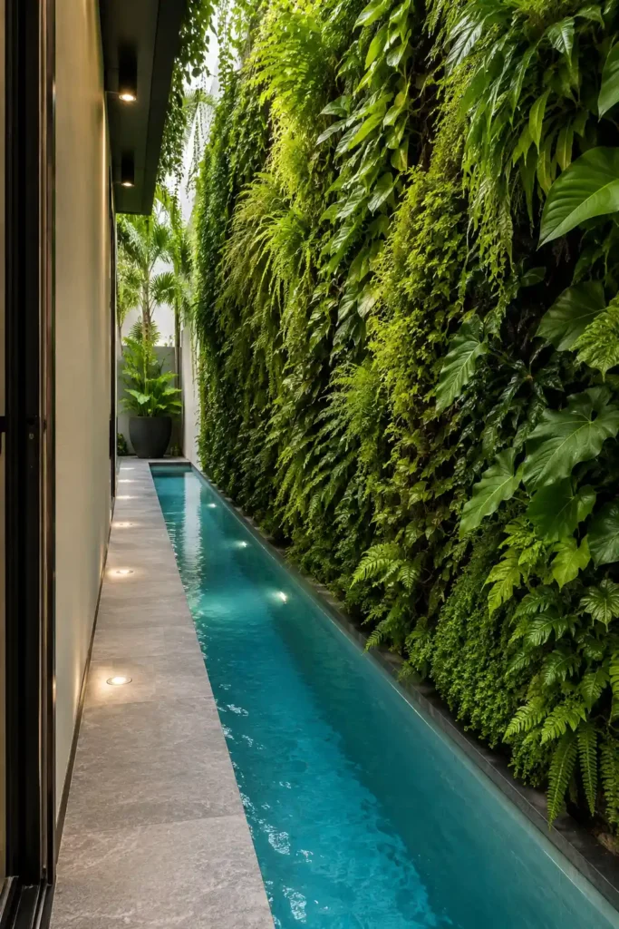 Narrow side yard transformed by a long compact plunge pool running directly beside one full-height living wall. 