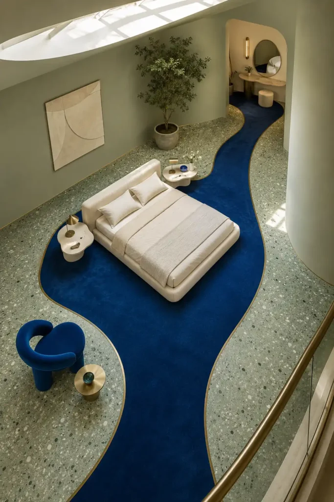  bold sage-green bedroom featuring a flowing cobalt floor river. , deep cobalt carpet forming an organic curved shape around a low ivory bed.