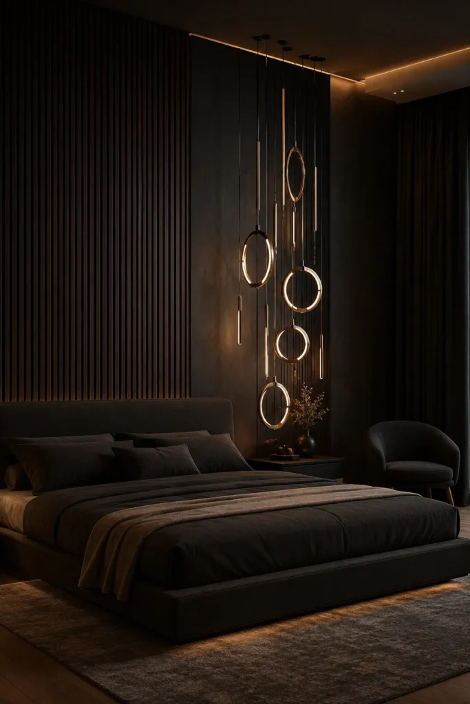 Replace Table Lamps With a Hanging Pendant Light Sculpture. An Idea for balck bedroom.
