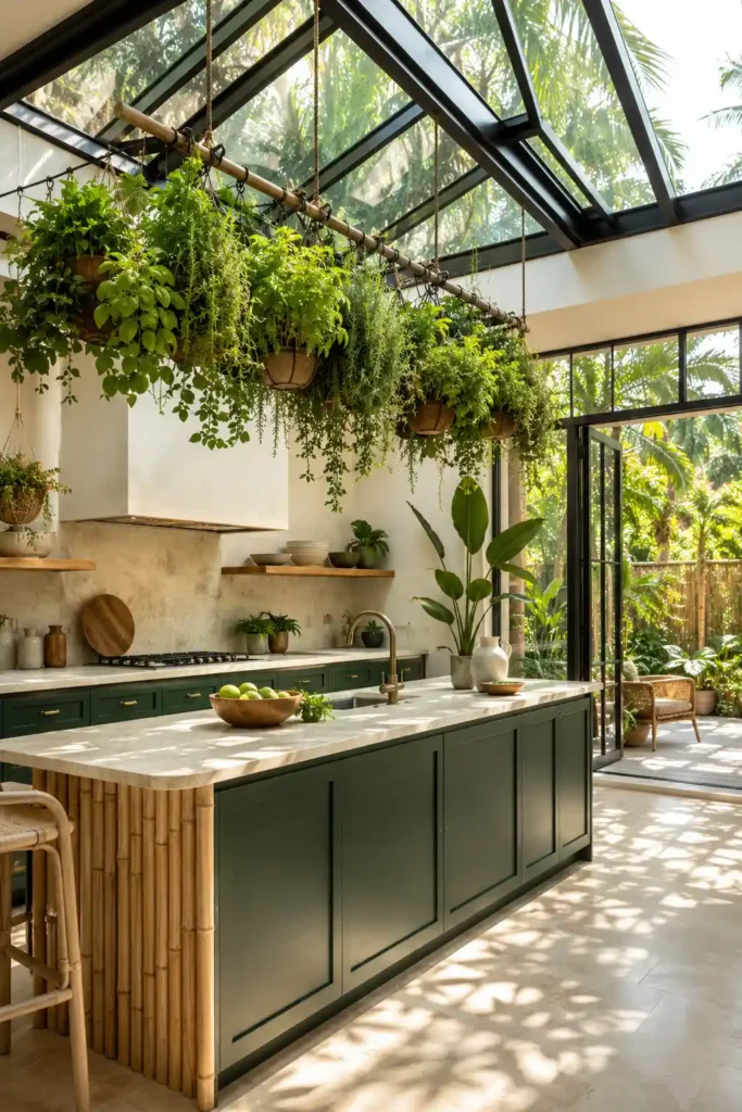 Tropical Glass-Roof Kitchen With a Hanging Herb Garden. A lush tropical kitchen inspiration for a Bloxburg build under a dramatic black-framed glass roof. 