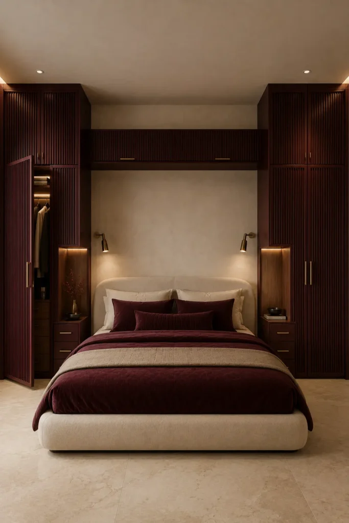  two tall floor-to-ceiling wardrobe towers positioned symmetrically on either side of the bed, finished in deep satin burgundy.