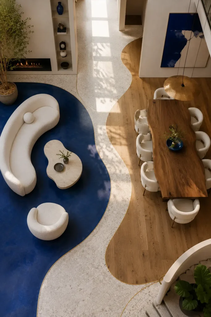  open living room dining room where the flooring itself forms a flowing river-like transition, pale terrazzo curling organically around a cobalt-blue living area before merging into caramel oak beneath the dining table.