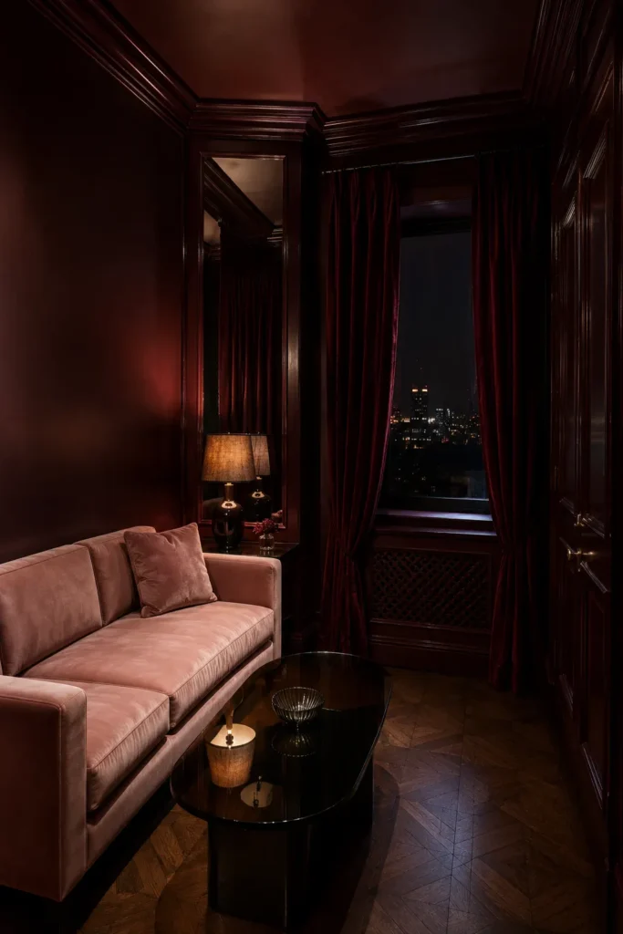 living room completely drenched in deep black-cherry paint across walls,