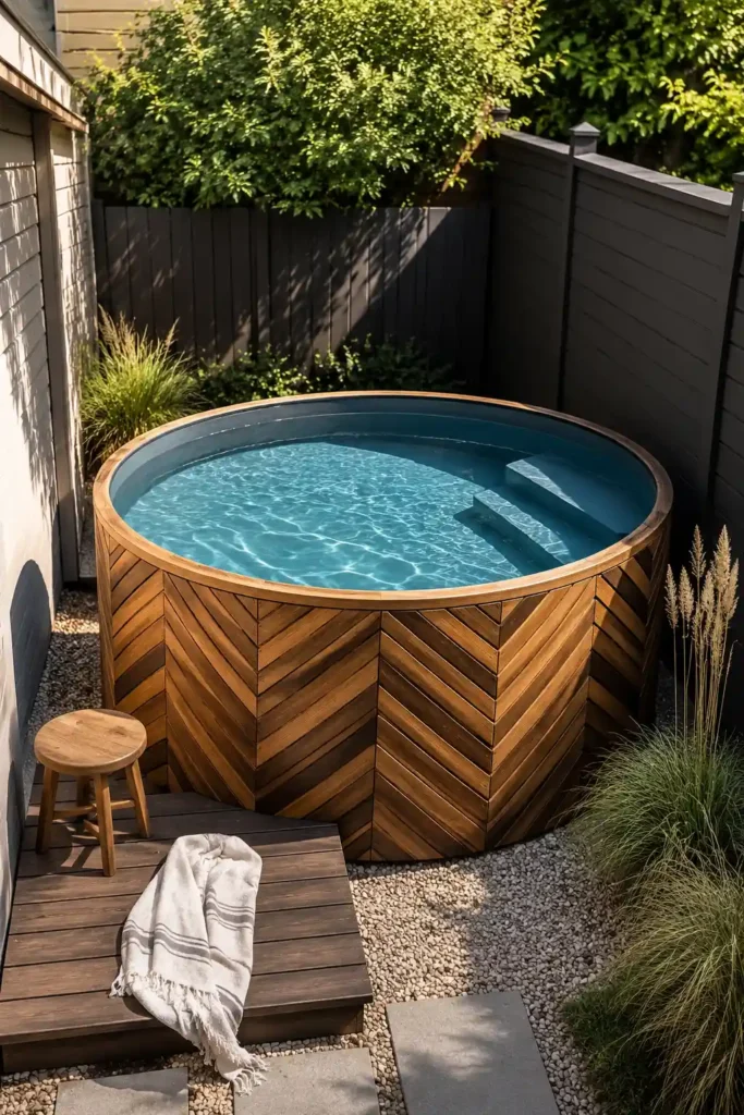  compact above-ground round plunge pool in a very small backyard.