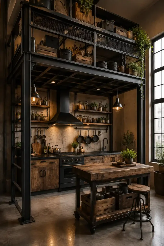 industrial loft kitchen inspiration for a Bloxburg build, showing a compact kitchen underneath a massive black metal overhead storage framework.