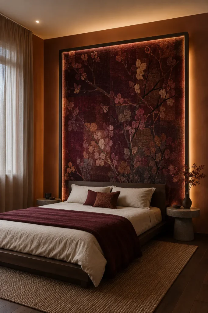  bedroom image featuring a freestanding backlit burgundy tapestry screen.