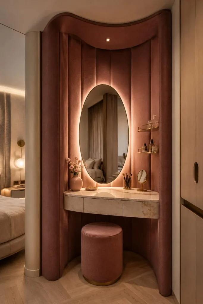 compact bedroom corner transformed into an upholstered dressing cocoon, curved floor-to-ceiling padded panels in muted rose wrapping around a floating marble vanity.