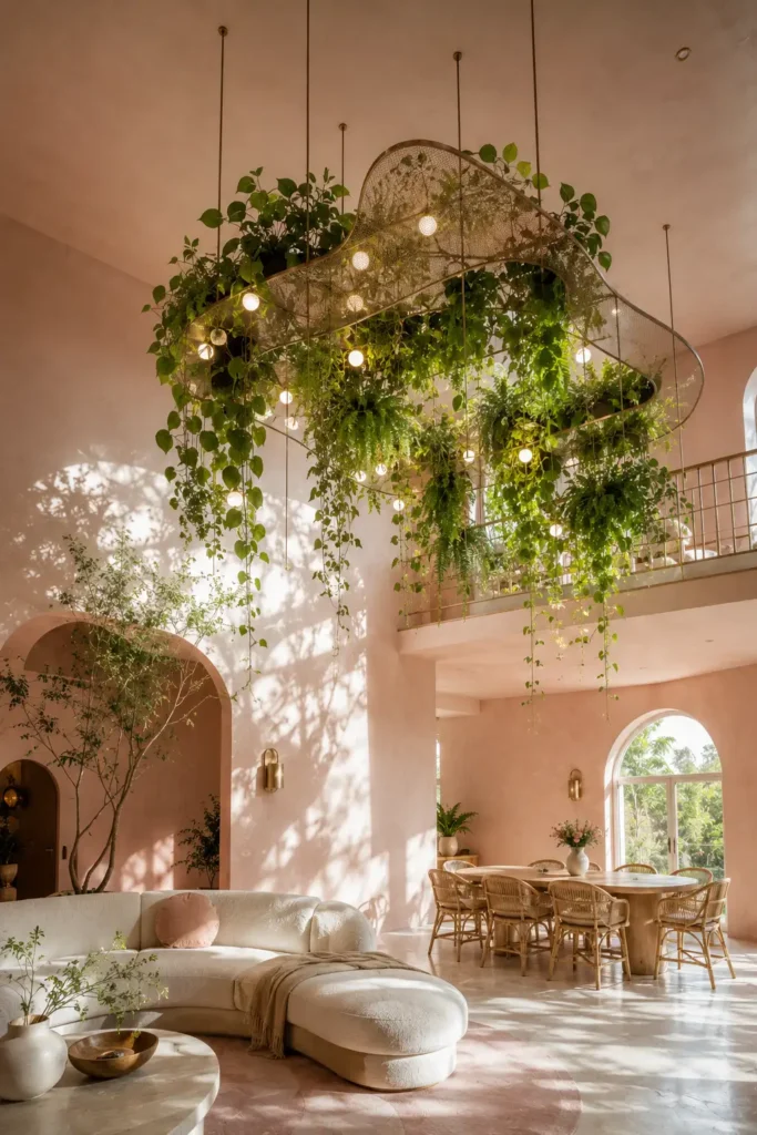 open layout living and dining space with a suspended hanging-garden canopy floating between the zones.