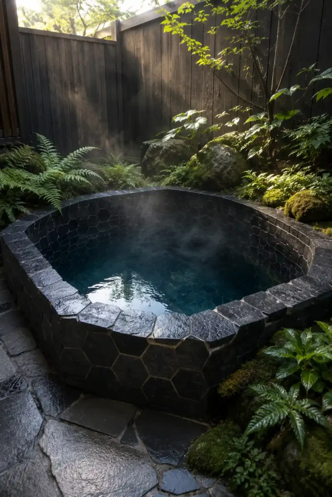  tiny sheltered backyard with a compact plunge pool lined in dark basalt-style hexagonal stone. 