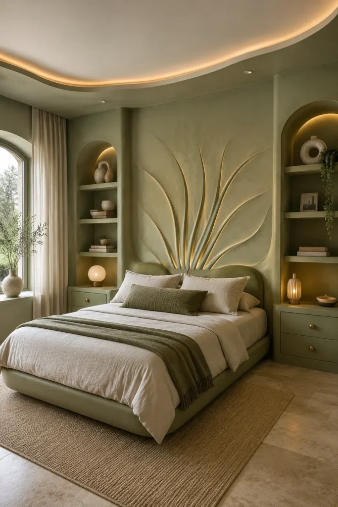 sage-green bedroom featuring a monumental sculptural botanical headboard 