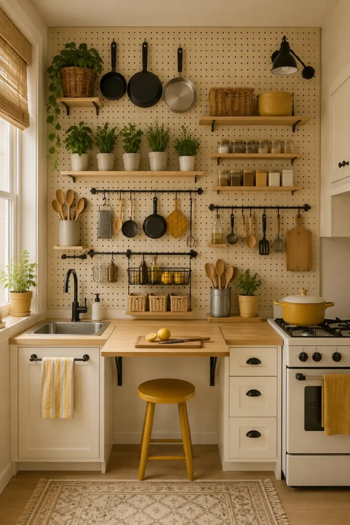 Tiny Budget Kitchen With a Full Pegboard Prep Wall.