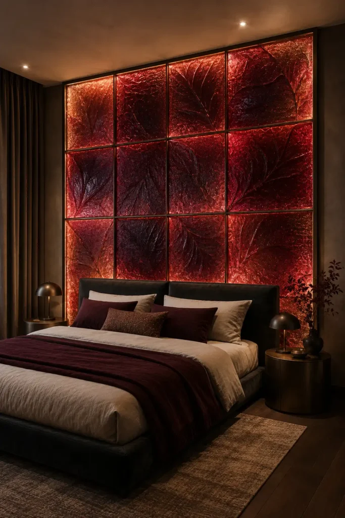 bedroom with a broad installation of twelve large translucent glass panels behind the bed