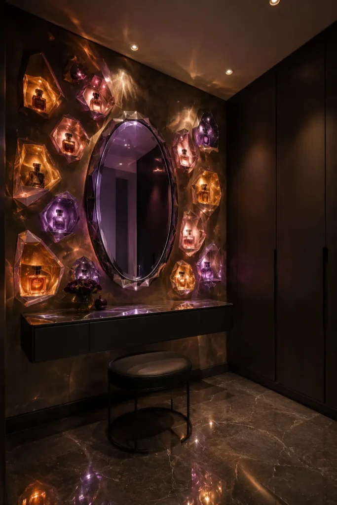 dressing room featuring a spectacular perfume prism wall.