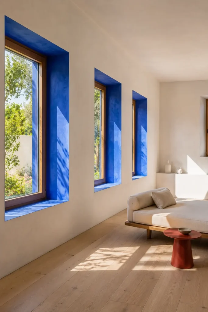 artful living room, all walls and ceiling finished in luminous warm white plaster, three deep rectangular window recesses painted intense cobalt blue on every inner surface while the window frames remain natural oak.