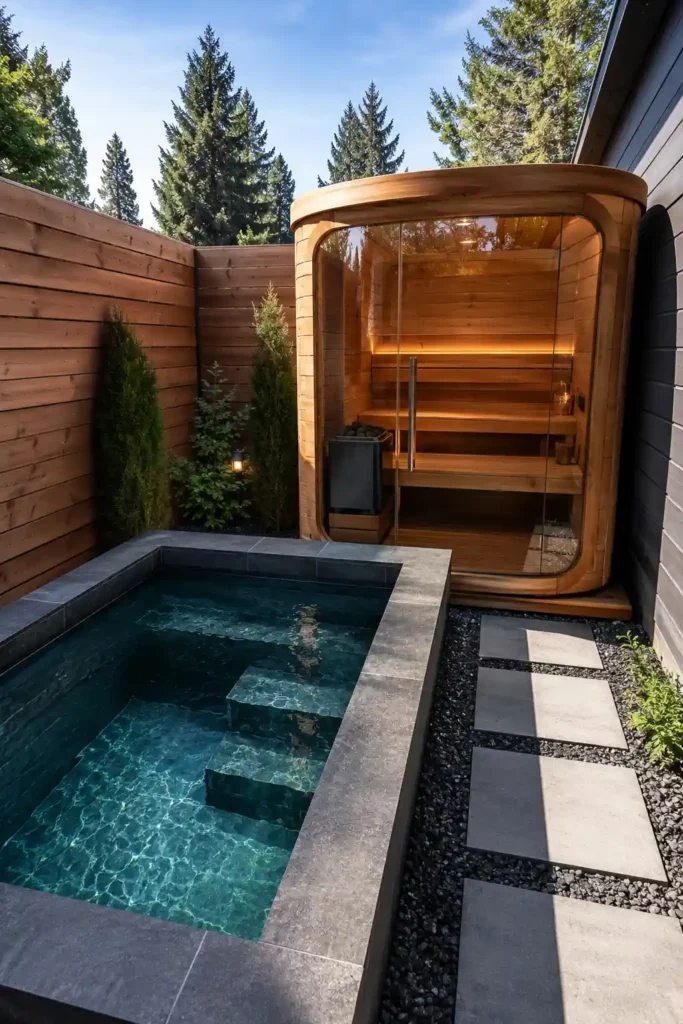 Tiny backyard divided into two compact zones: one small deep plunge pool and one freestanding prefab cedar sauna placed side by side. 