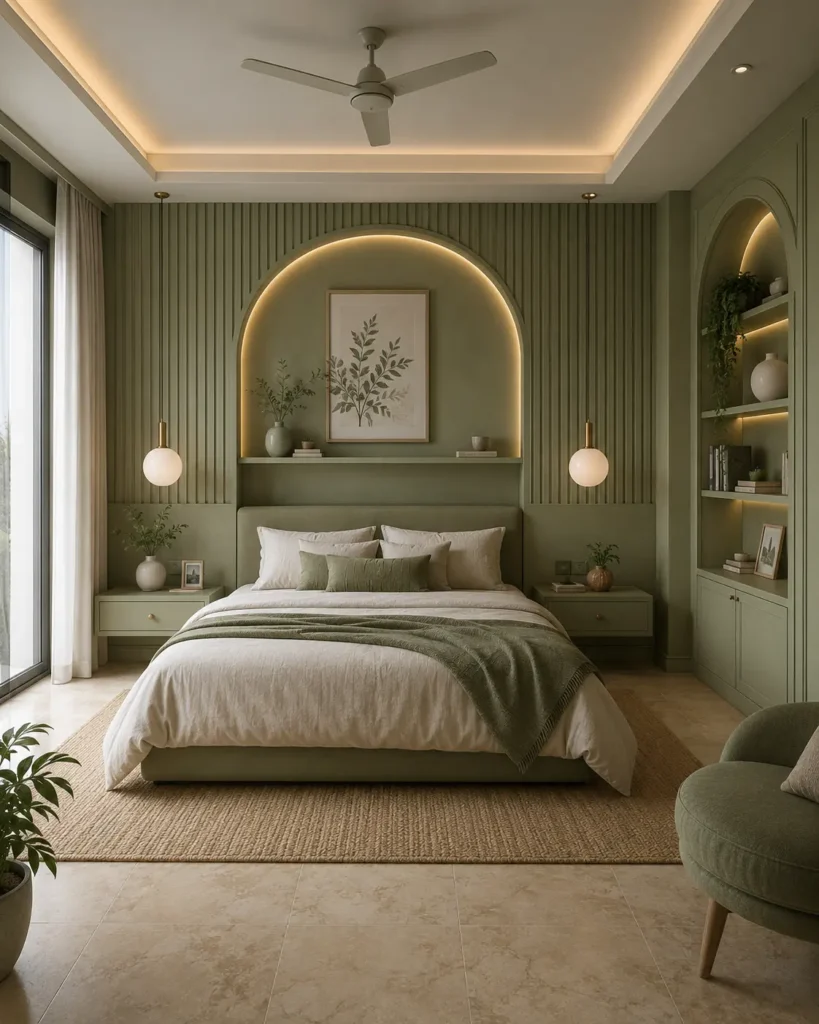  sage-green bedroom featuring a full-height fluted bed wall with a monumental illuminated arch.