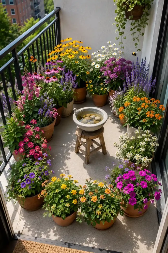 Tiny balcony arranged as a pollinator-friendly flower halo.