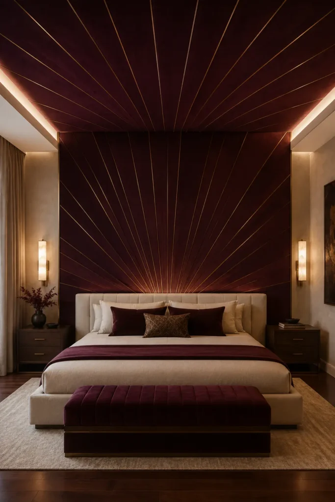  room with deep matte burgundy covering the complete headboard wall and central ceiling area.