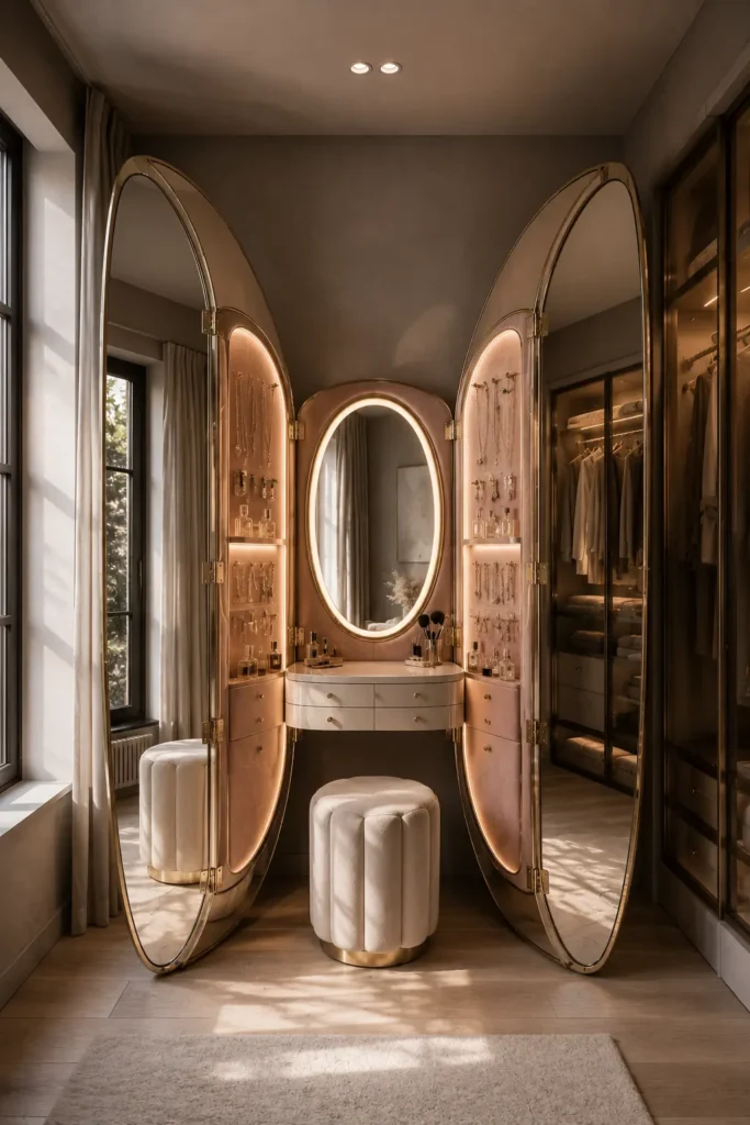  dressing room featuring a dramatic butterfly mirror vanity,