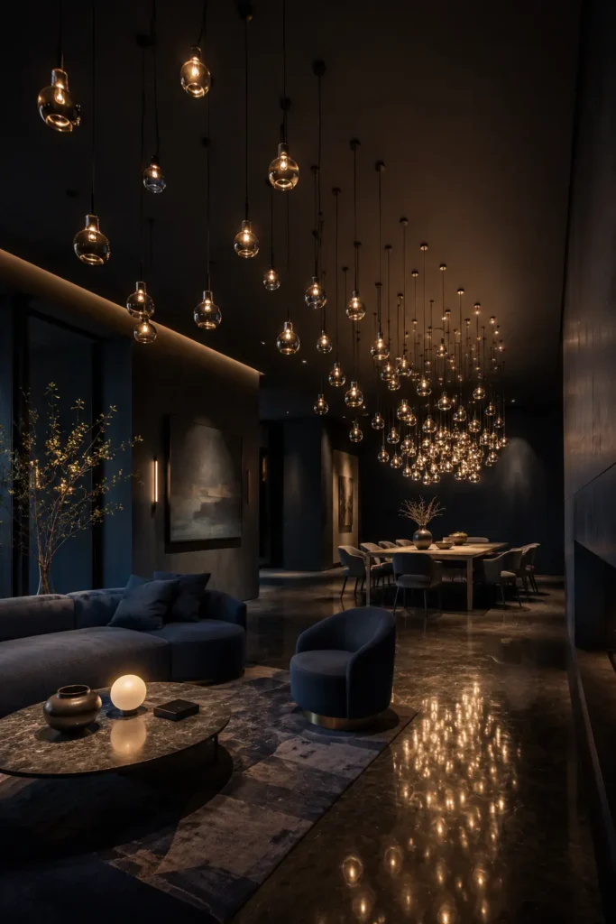 open living and dining room defined by a dramatic constellation lighting axis.