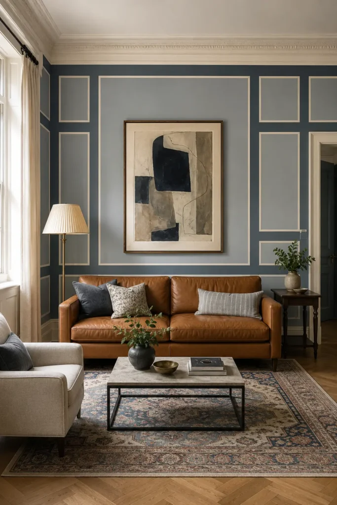Slate-Blue Picture-Frame Wall Paint Idea for Living room.