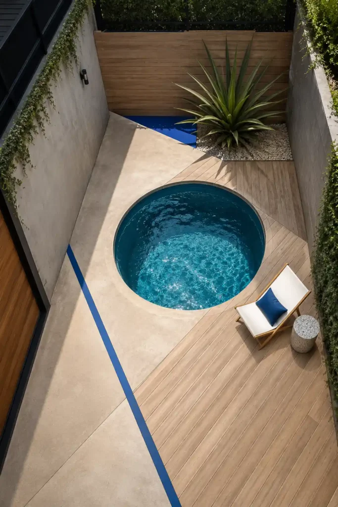  tiny modern backyard where a compact circular plunge pool is placed off-center inside a bold geometric deck.